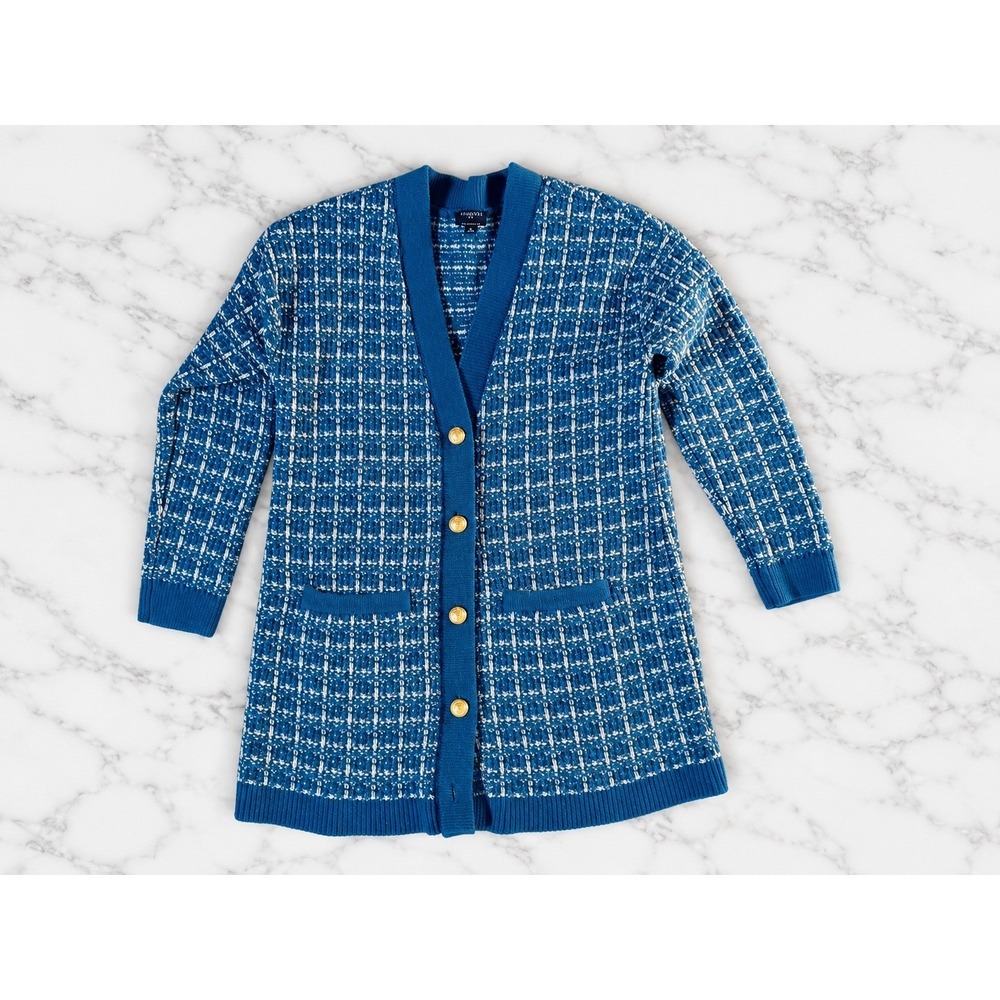 Talbots Petites Merino Wool Cardigan Sweater M Blue White Textured Gold Buttons